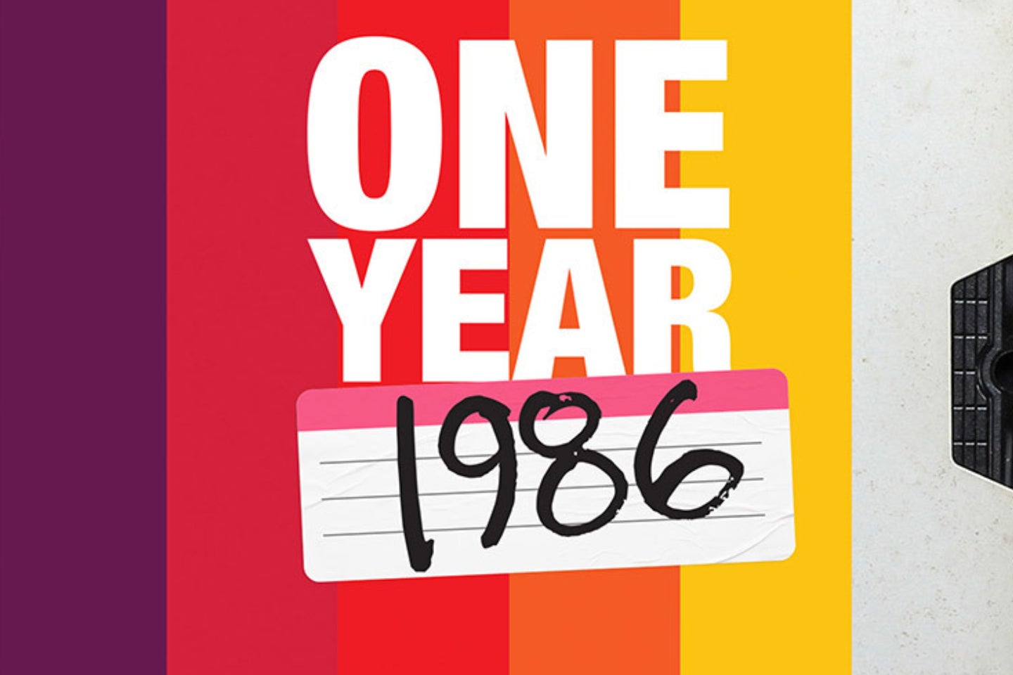 Text on a color-blocked background that reads: One Year: 1986.