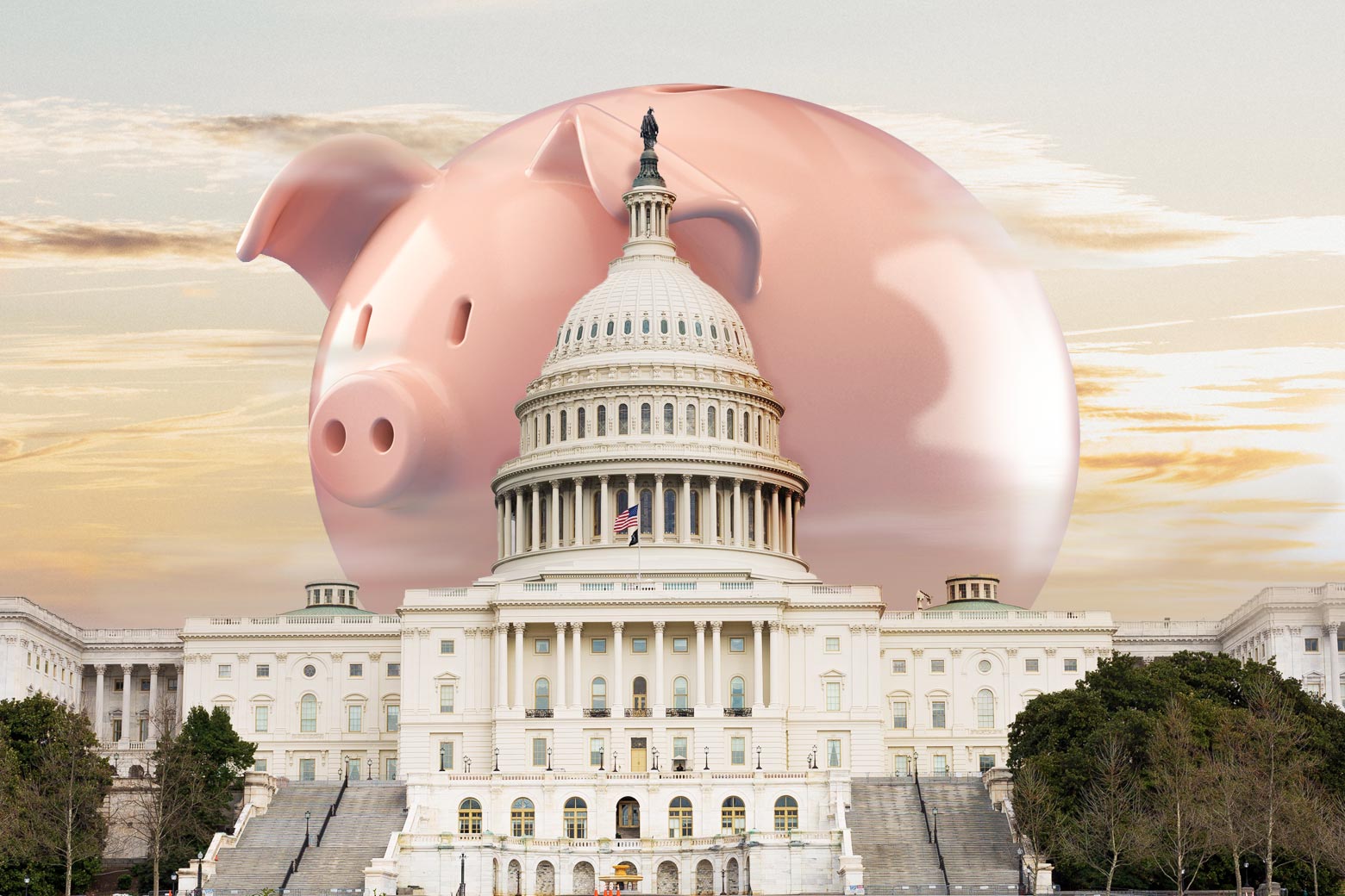 A huge piggy bank looms over the U.S. Capitol.