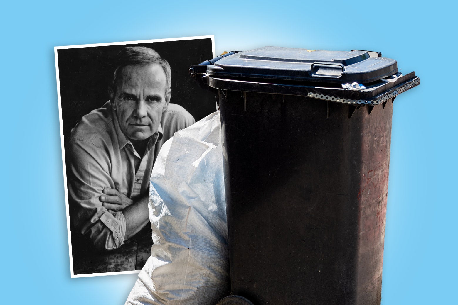 The author Cormac McCarthy, and a trash bin.