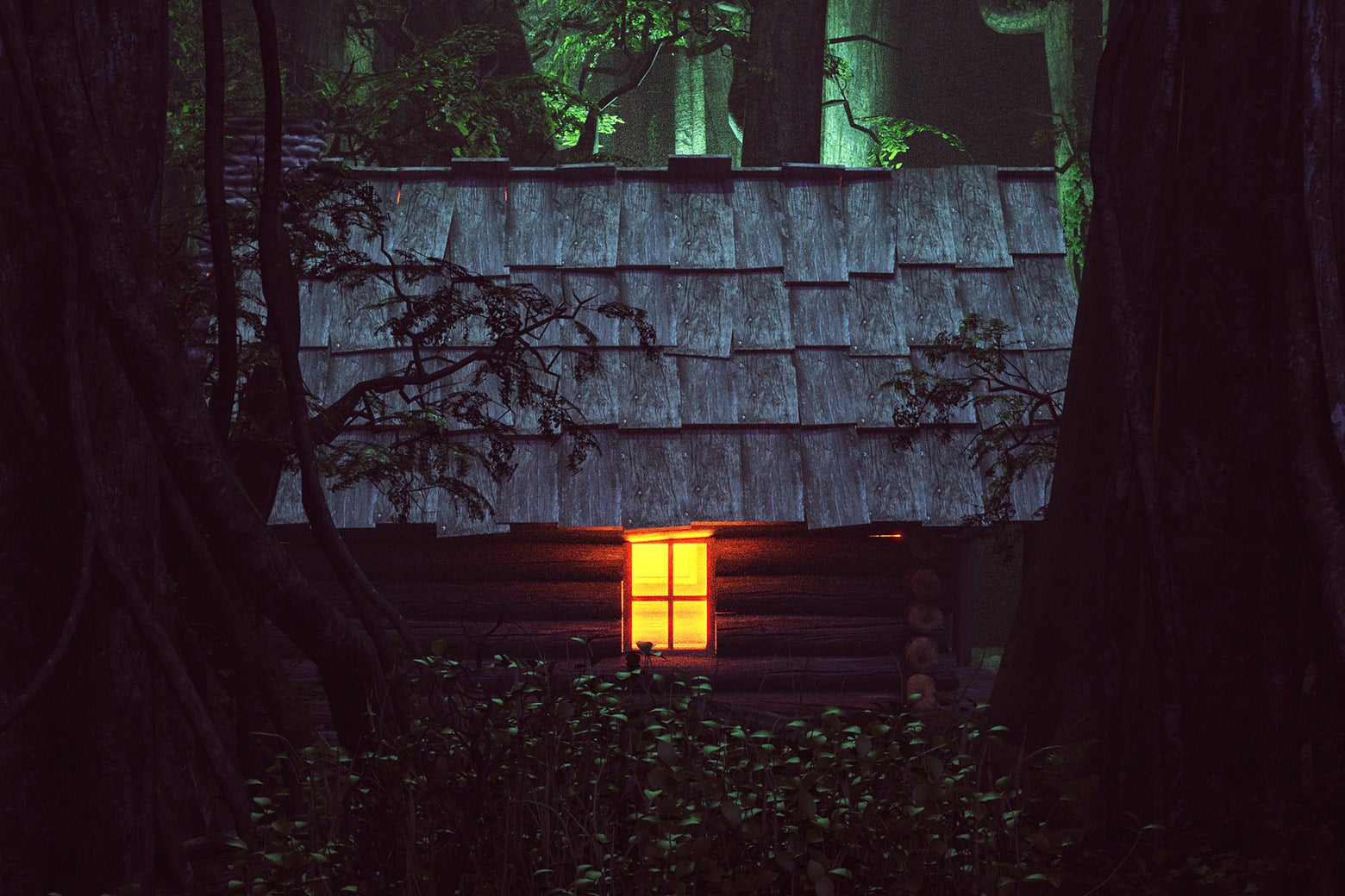 A house in the woods with a single light on.