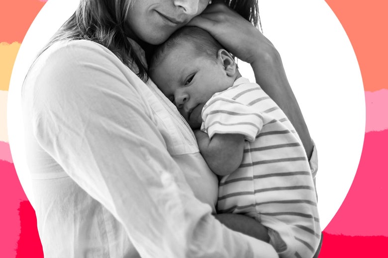 Photo illustration of a mother holding an infant son close.