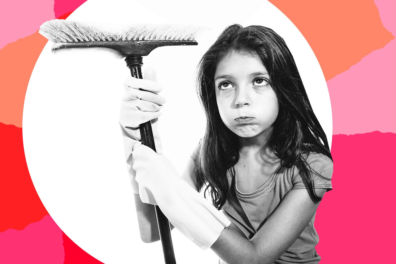 Girl with broom looking unhappy.