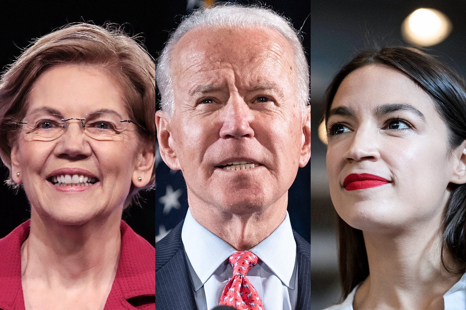 Elizabeth Warren, Joe Biden, Alexandria Ocasio-Cortez