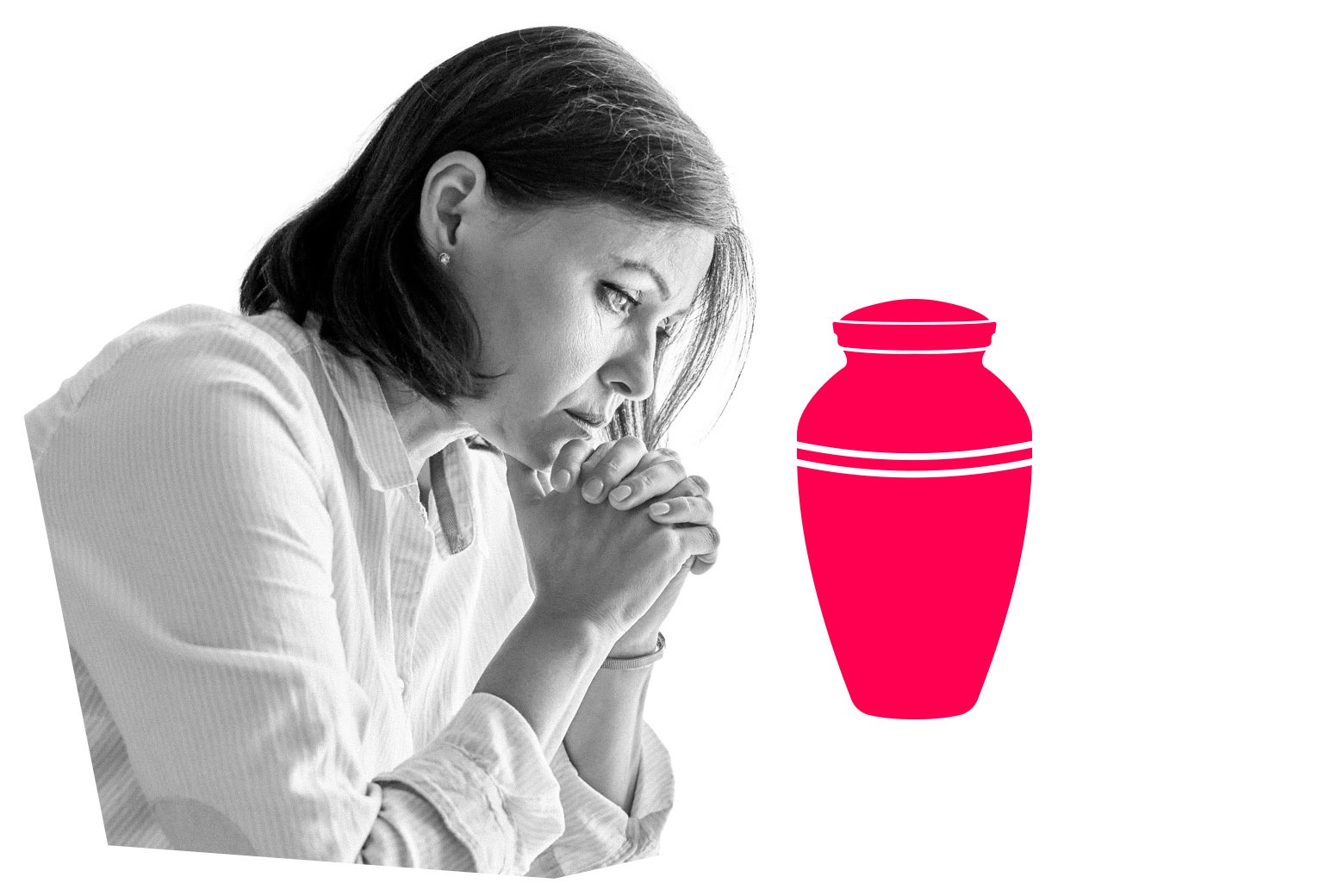 A woman looks sad next to a funeral urn.