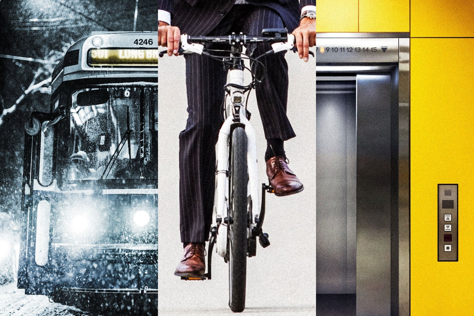 Triptych of a bus, a bike, and an elevator.