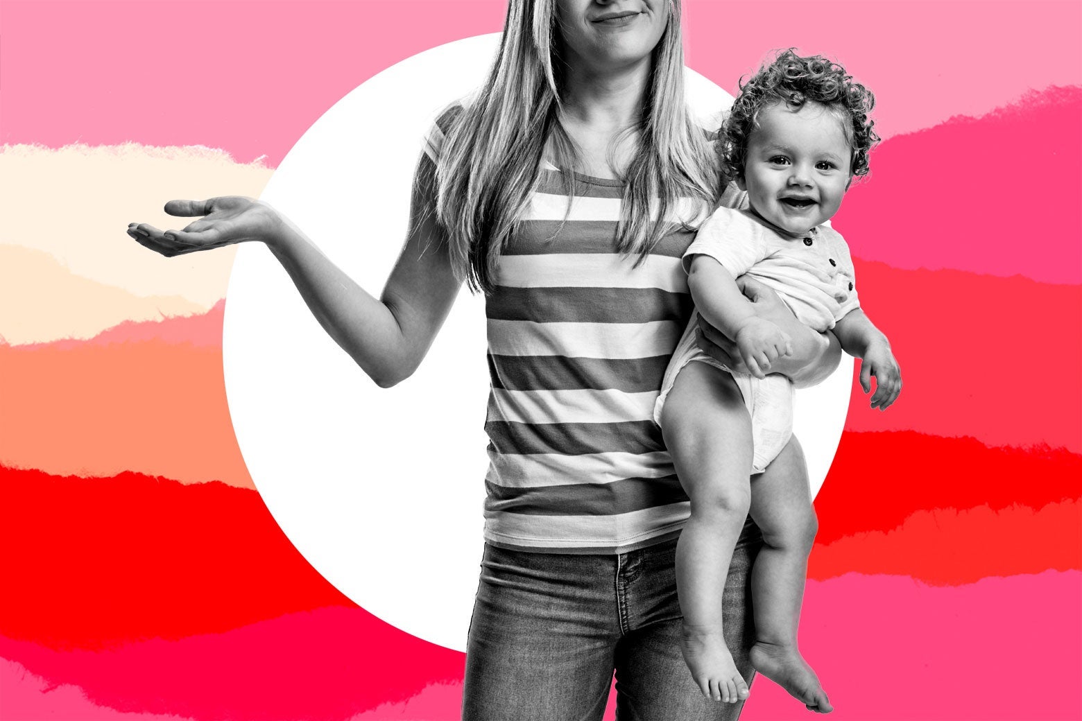 A mom holds her baby on her hip with one arm while shrugging with the other arm