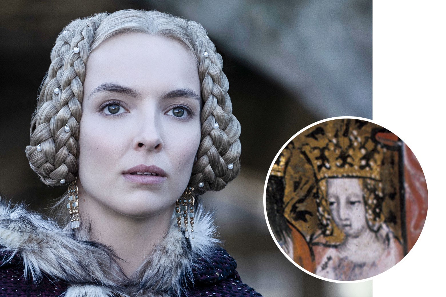 An image for Jodie Comer from the movie with two blond braids with jewels in them wrapped in buns on each side of her head. An inset image shows a historical depiction of Queen Guinevere wearing a crown and hair on each side of her head.