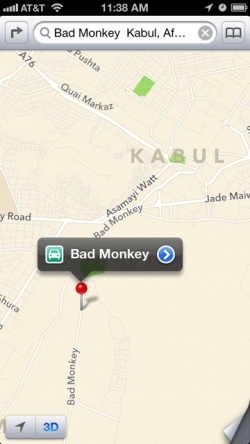 Want to visit Babur Gardens in Kabul? Apple Maps says it's a quick jaunt down "Bad Monkey" road.