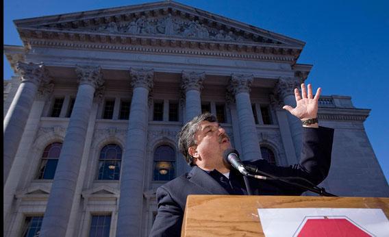 National AFL-CIO President Richard Trumka speaks during a rally in opposition of the Wisconsin Gov. Scott Walker's bill that threatens collective bargaining rights February 18, 2011 in Madison, Wisconsin.