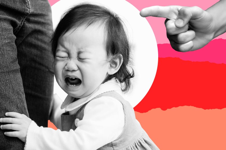 Photo illustration: Someone pokes a crying baby.