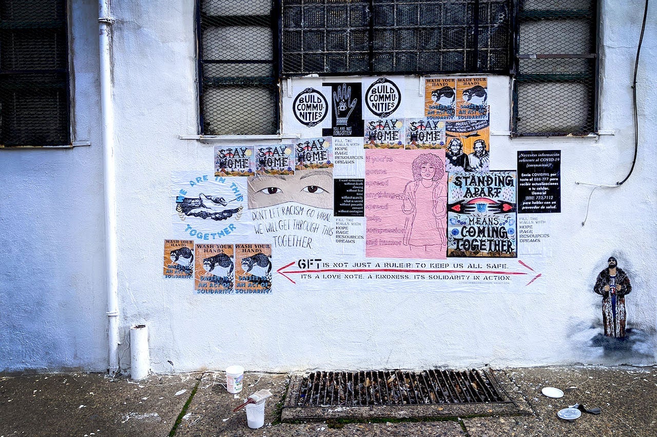 A wall covered with coronavirus messages in Philadelphia.