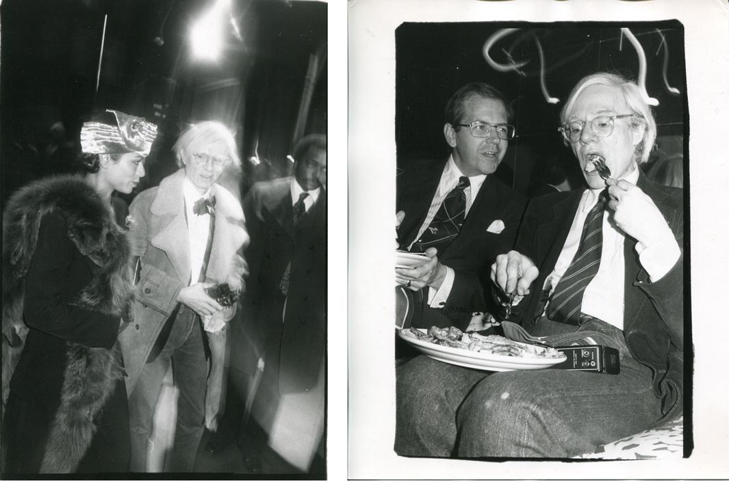 Left: Out on the Town: Bianca Jagger and Andy Warhol, ca. 1980 Right: Andy Warhol at a Party with His Tape Recorder, Which he Referred to as "My Wife Sony," and an Unidentified Friend, ca. 1980