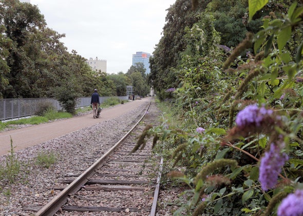 An abandoned railroad track.
