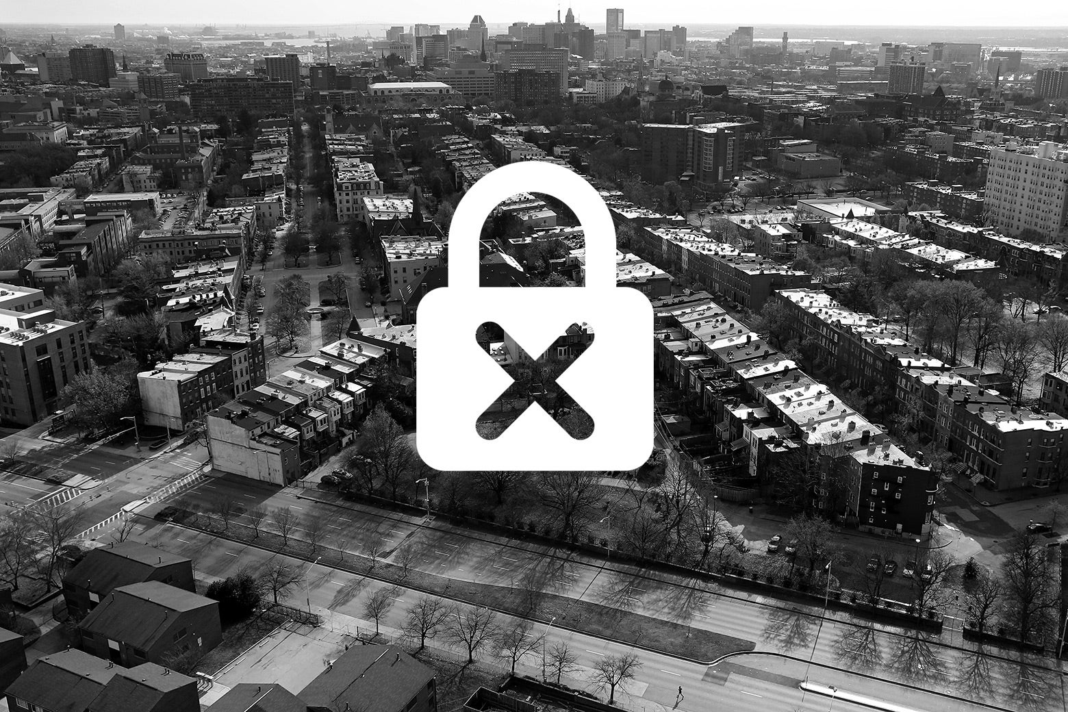 Photo illustration of a lock over the city of Baltimore.