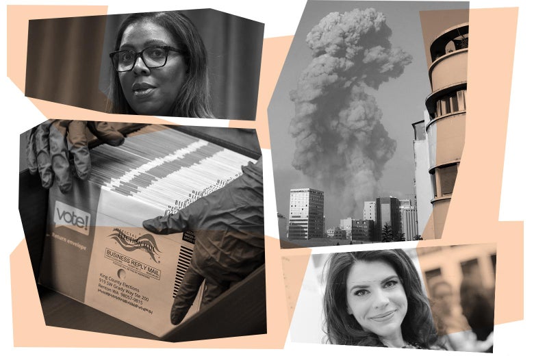 Letitia James, smoke arising from a skyline, Stephanie Meyer, and hands holding voting ballots.
