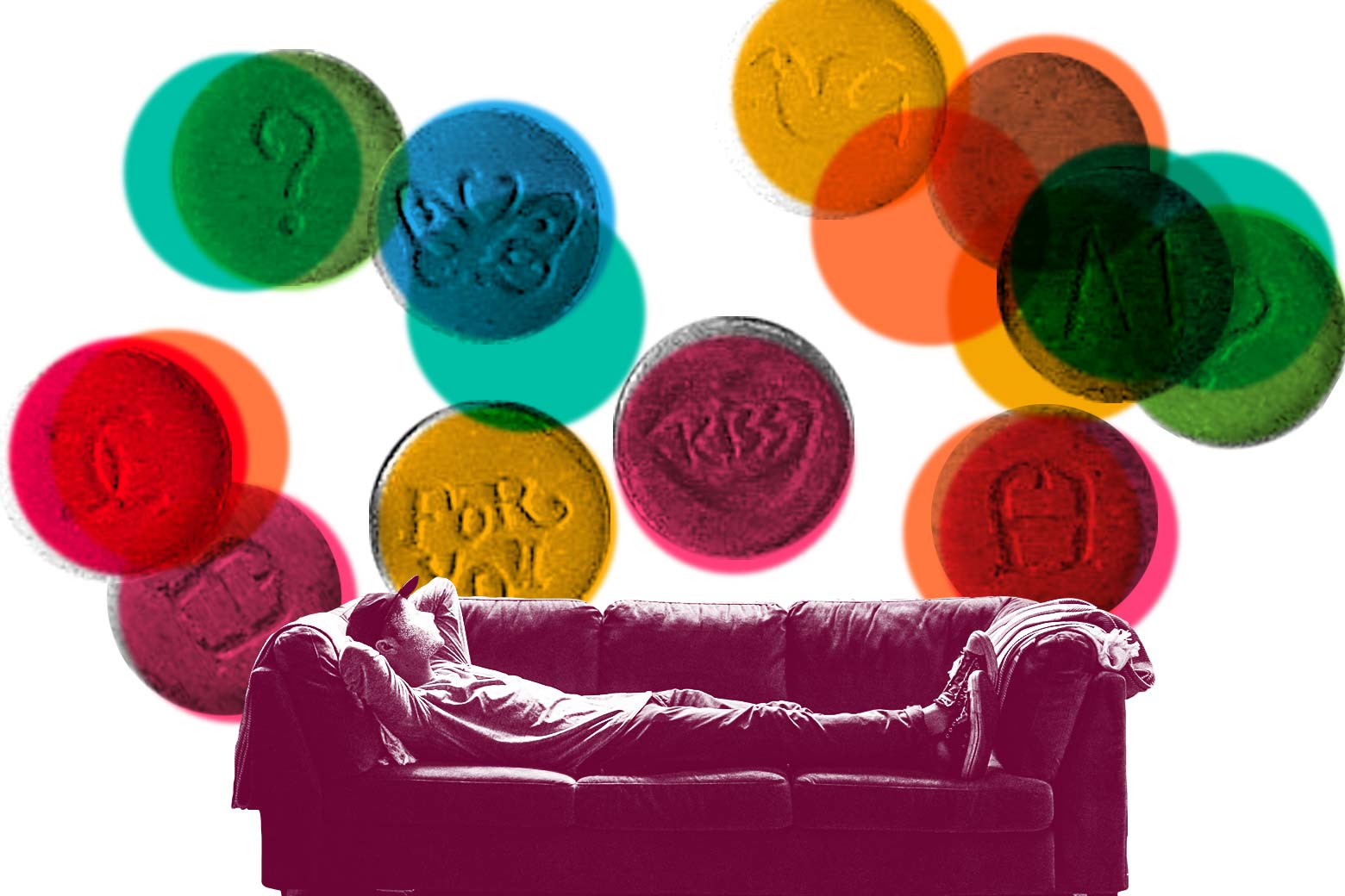 Photo illustration: A person lies on a couch while various colored pills with symbols float above the couch.
