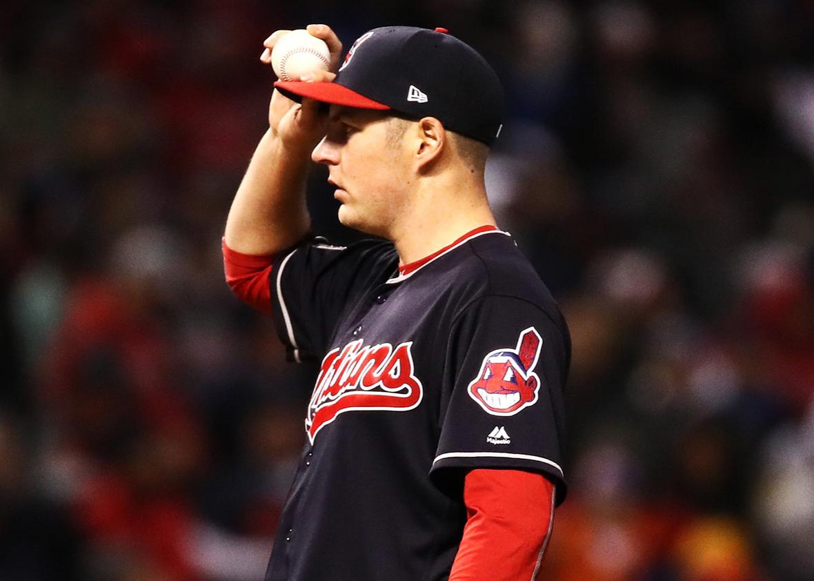 Trevor Bauer #47 of the Cleveland Indians reacts after walking Anthony Rizzo #44 of the Chicago Cubs during the third inning in Game Two of the 2016 World Series at Progressive Field on October 26, 2016 in Cleveland, Ohio.  