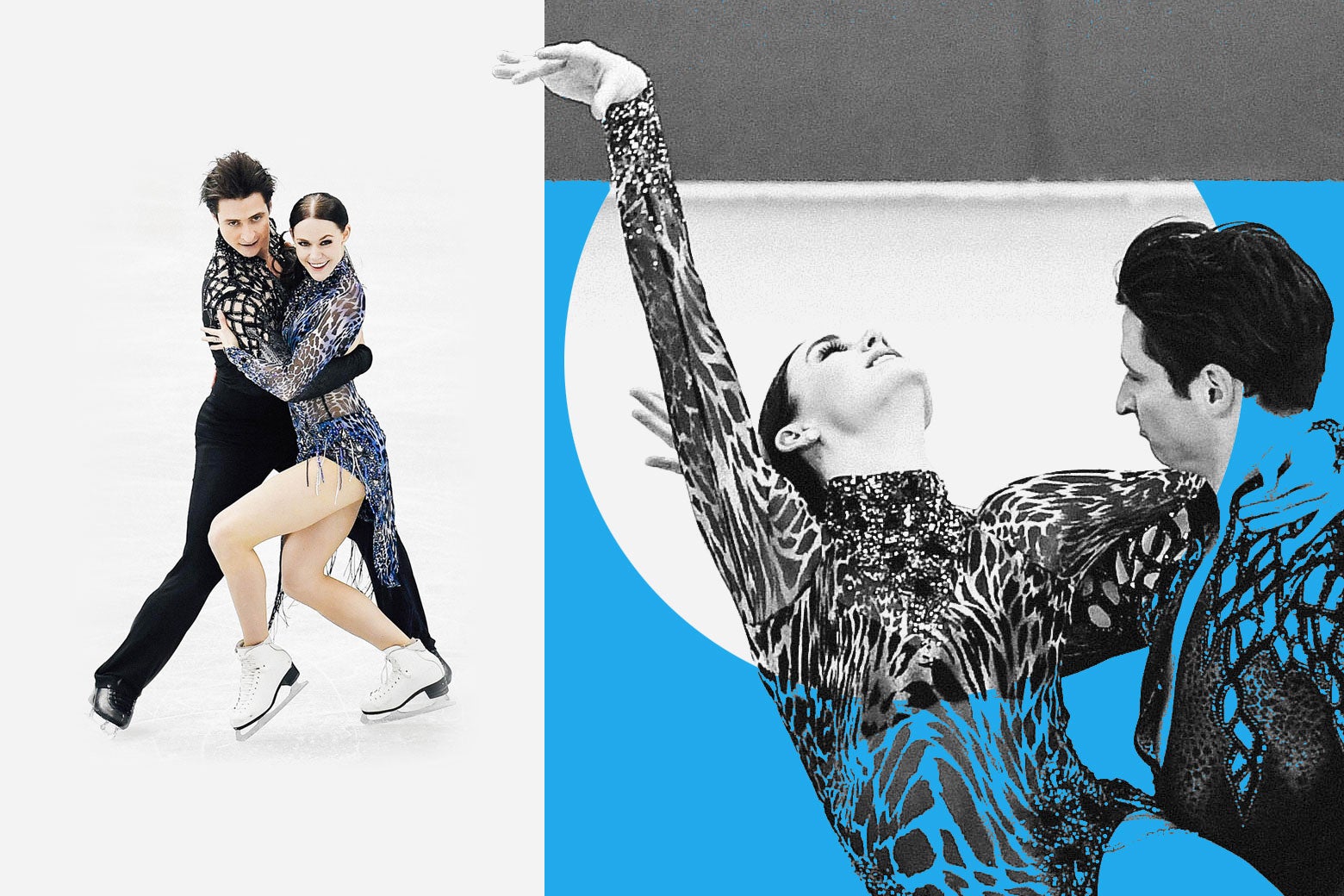 A collage of images of Tessa Virtue and Scott Moir skating.
