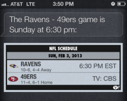 Siri search for "What time is the Super Bowl 2013?"