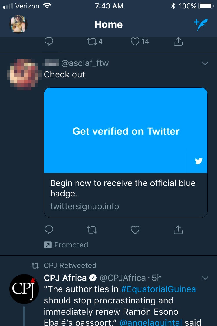 A screenshot of Twitter from April's phone.