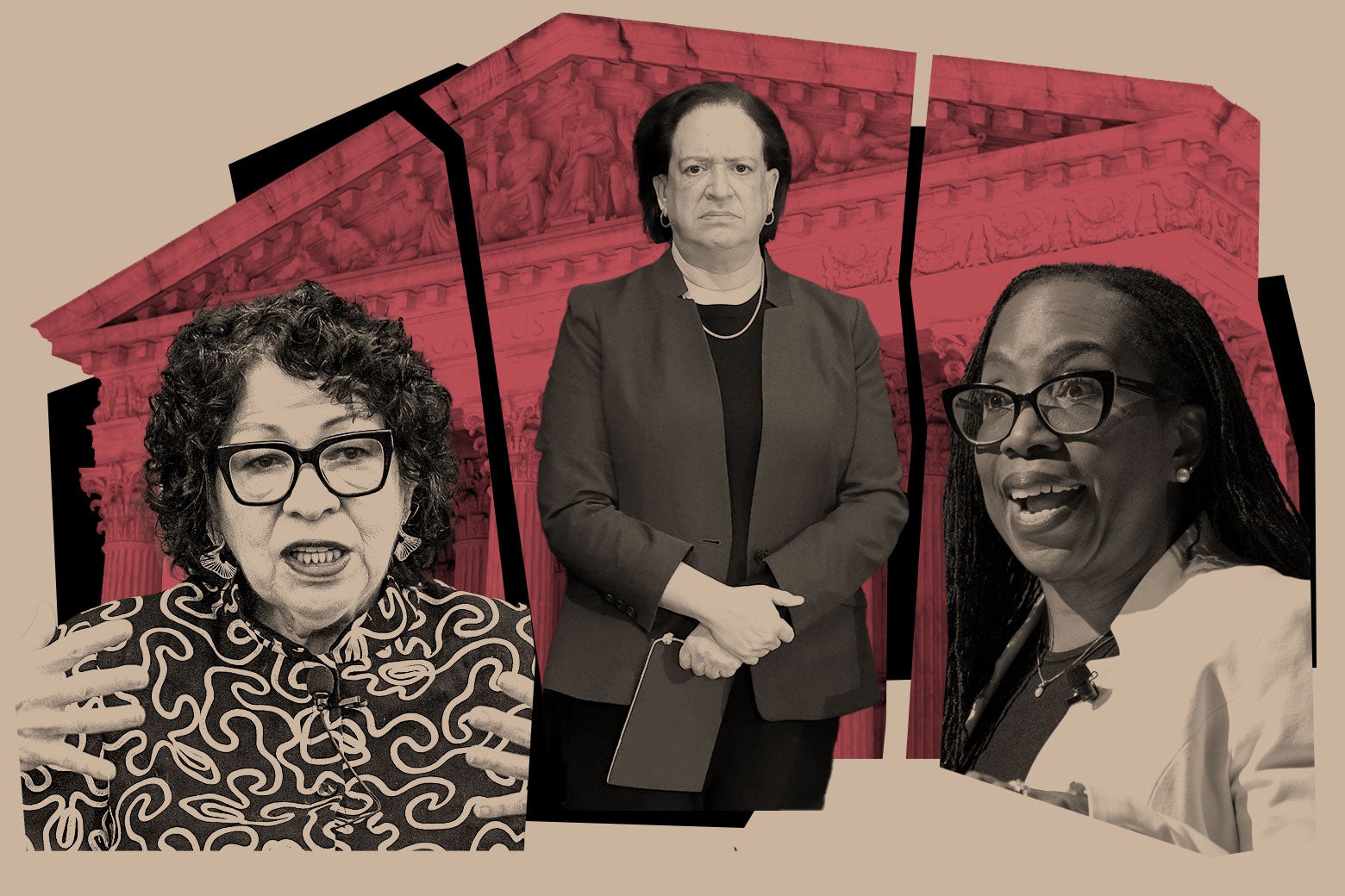 Justices Sotomayor, Kagan, and Brown Jackson, on a red background.