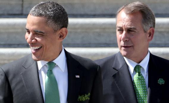 U.S. President Barack Obama (L) is escorted by U.S. Speaker of the House John Boehner (R-OH) while leaving the U.S. Capitol on March 19, 2013 in Washington, DC.