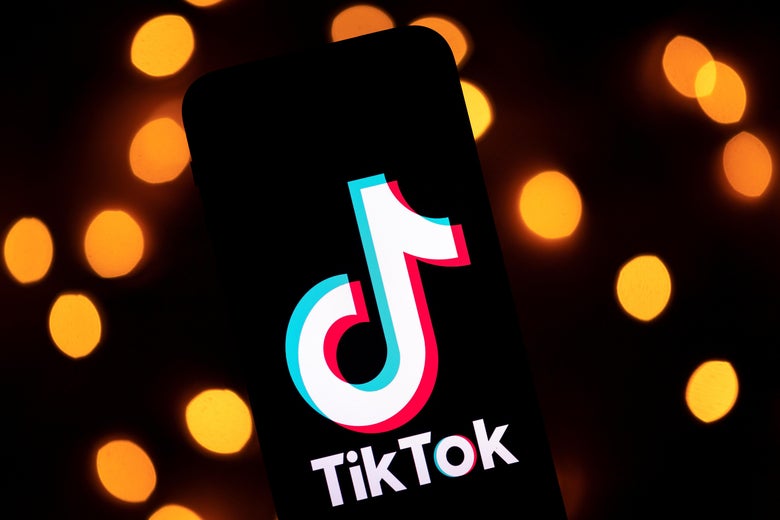The logo of the social media video sharing app TikTok displayed on a tablet screen.