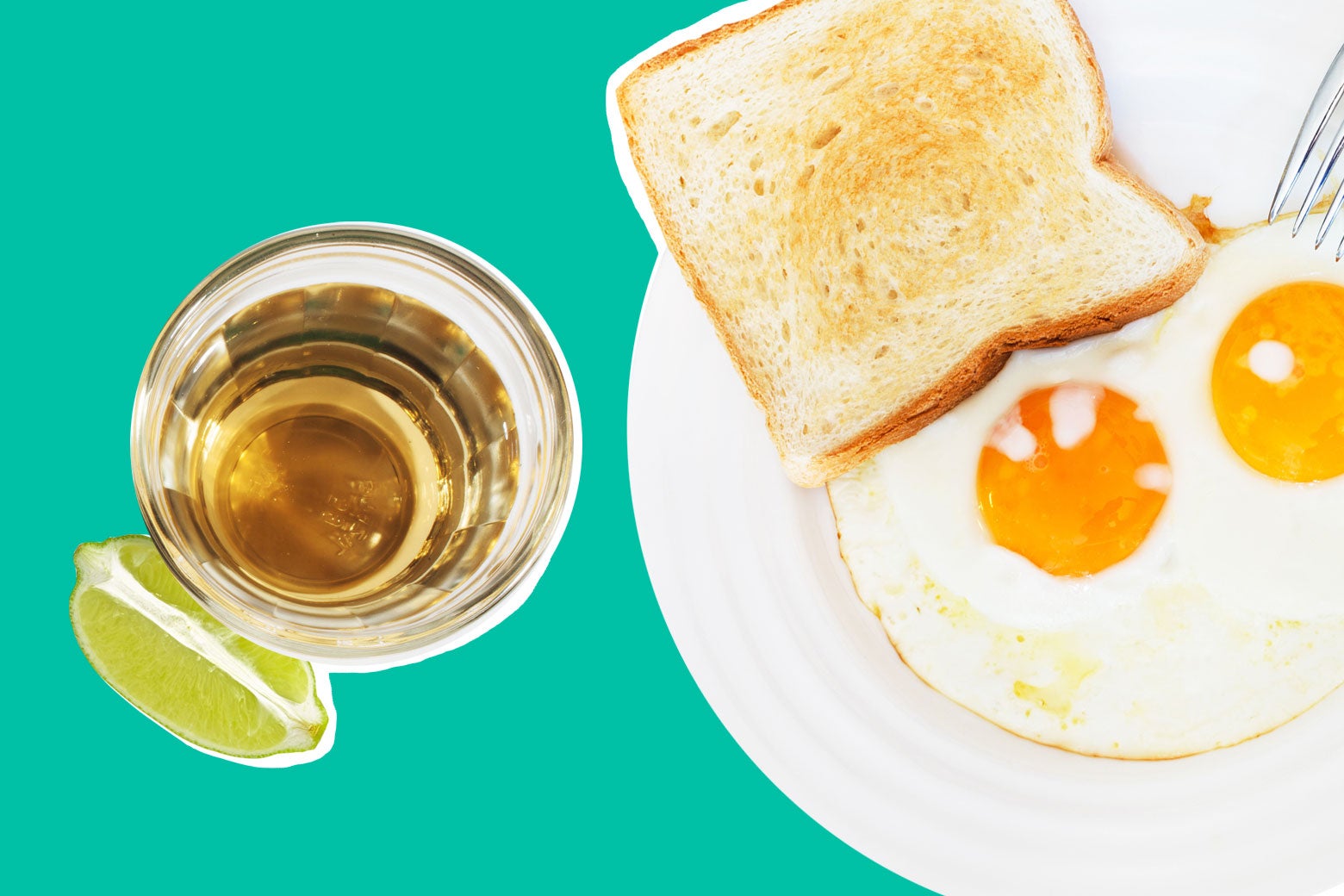 A shot of tequila alongside eggs and toast.