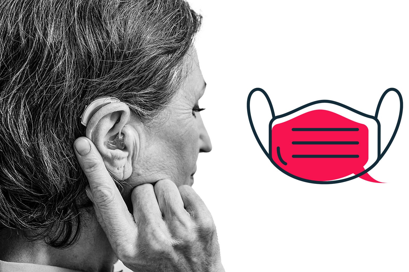 Older woman pointing to ear. A mask floats next to her.