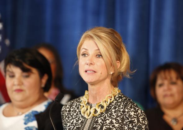 Wendy Davis speaks about a recent Supreme Court ruling on HB2, a Texas state abortion law, on Oct. 16, 2014, in Houston