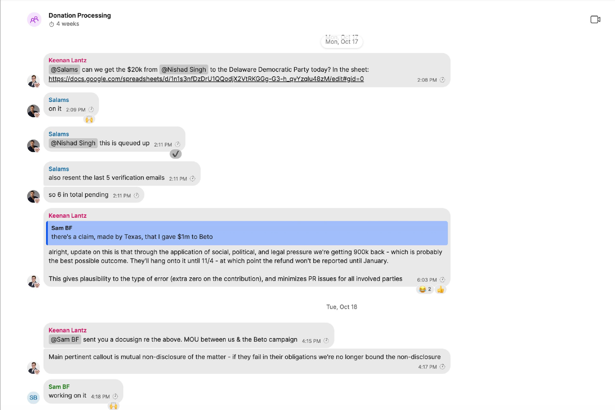 An Oct. 17, 2022, conversation in the "Donation Processing" Signal group chat, showing Keenan Lantz and Ryan Salame working to coordinate political donations that will be sent under Nishad Singh's and Sam Bankman-Fried's names, respectively, to the Delaware Democratic Party and the Beto O'Rourke gubernatorial campaign.