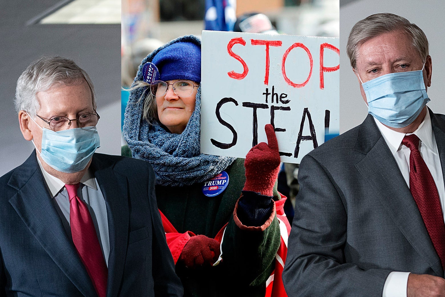 Mitch McConnell, a "Stop the Steal" protester, and Lindsey Graham.