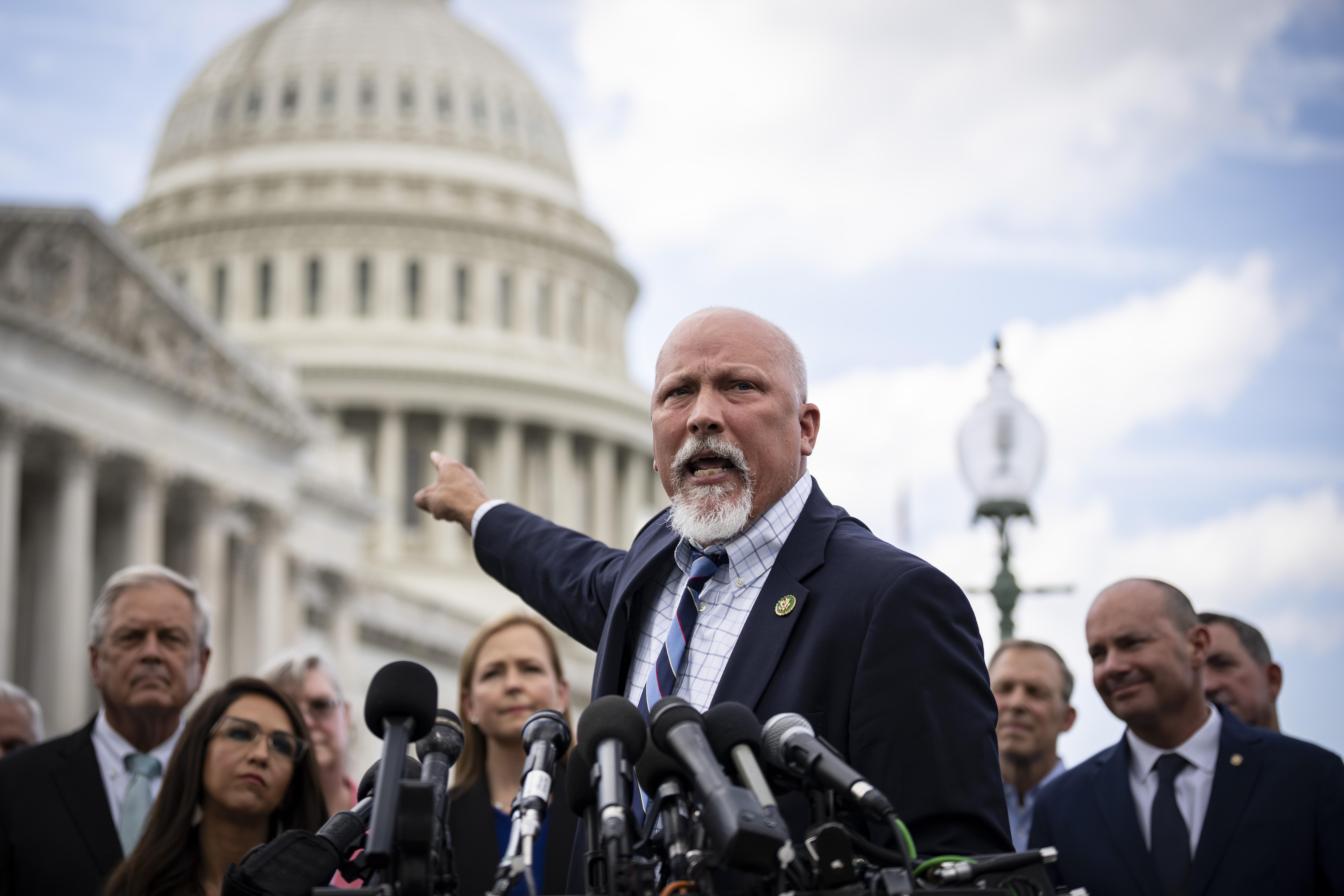 Texas Rep. Chip Roy at a news conference with members of the House Freedom Caucus outside the U.S. Capitol.