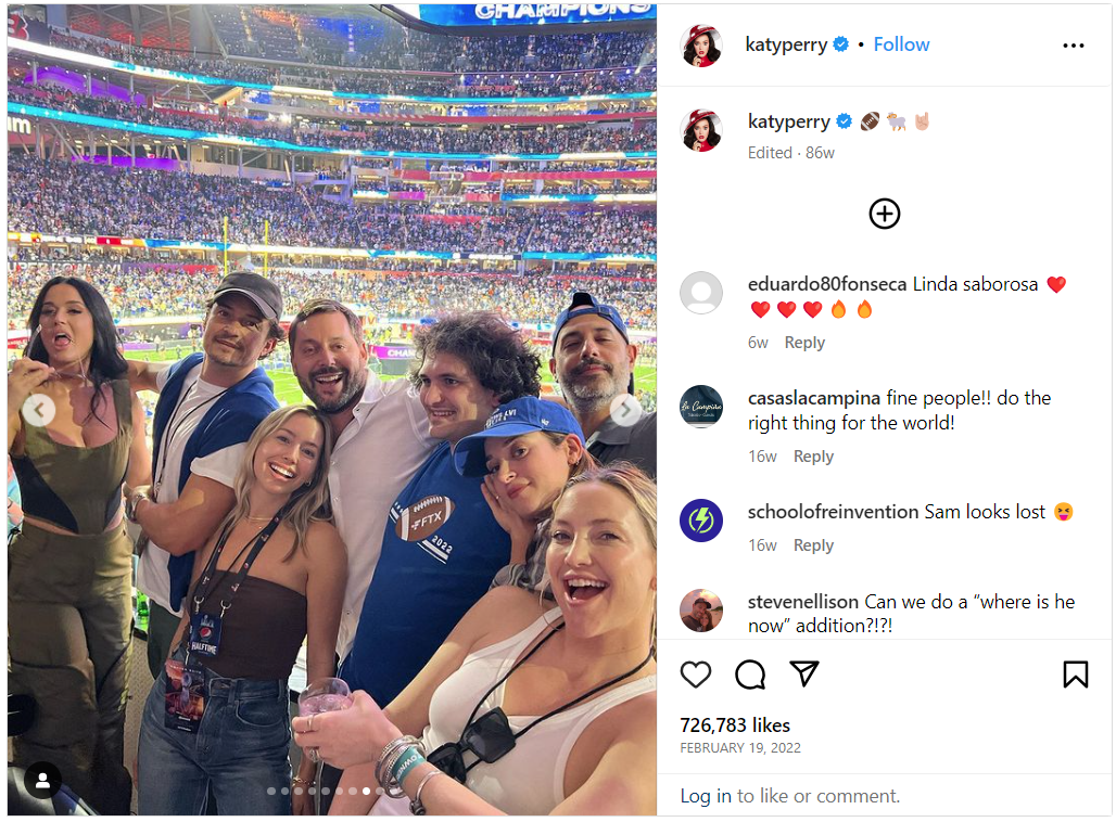 Katy Perry's Instagram displays a picture of Perry, Bloom, SBF, and others posing during the Super Bowl. 