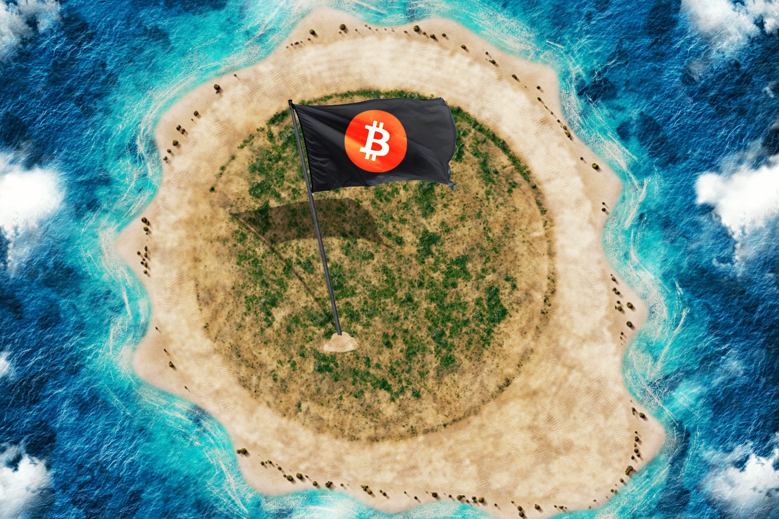 A island with a cryptocurrency flag
