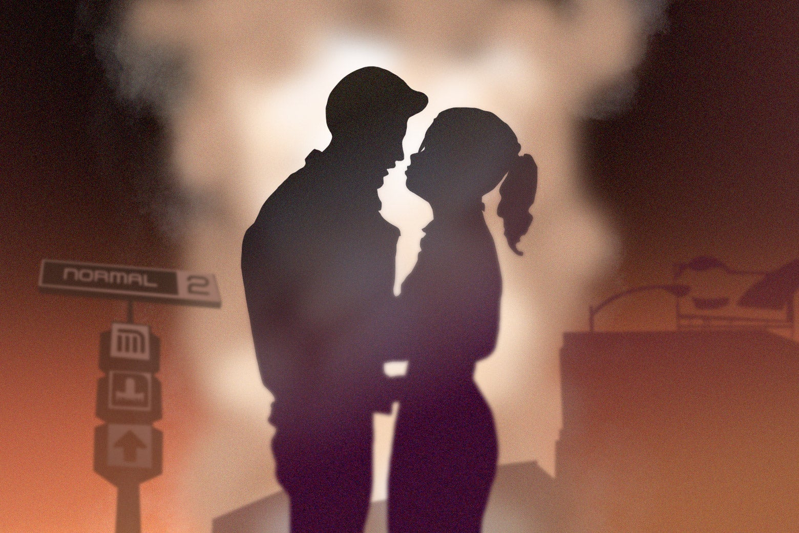 A silhouette of a couple embracing against a rising cloud of smoke and a factory
