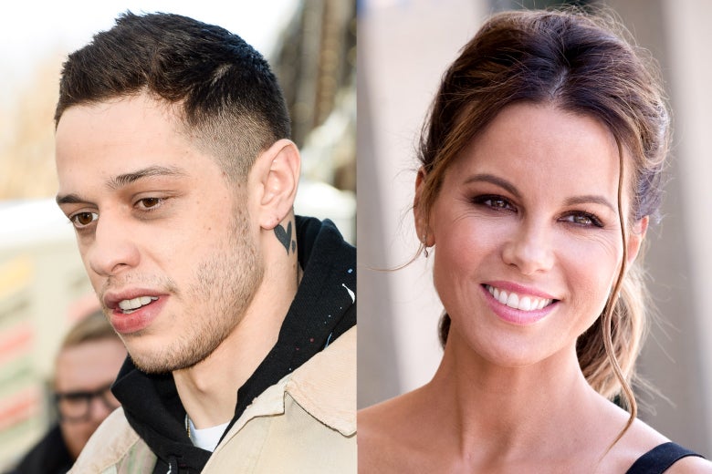Portraits of Pete Davidson and Kate Beckinsale side by side from the shoulders up.