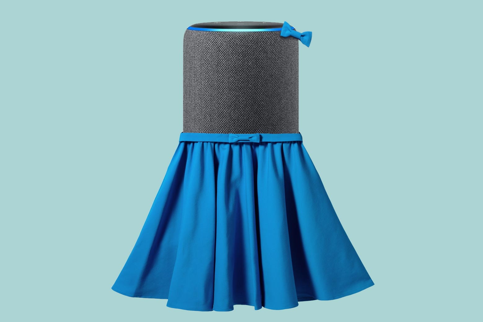 An Amazon Echo device wearing a skirt and matching bow.