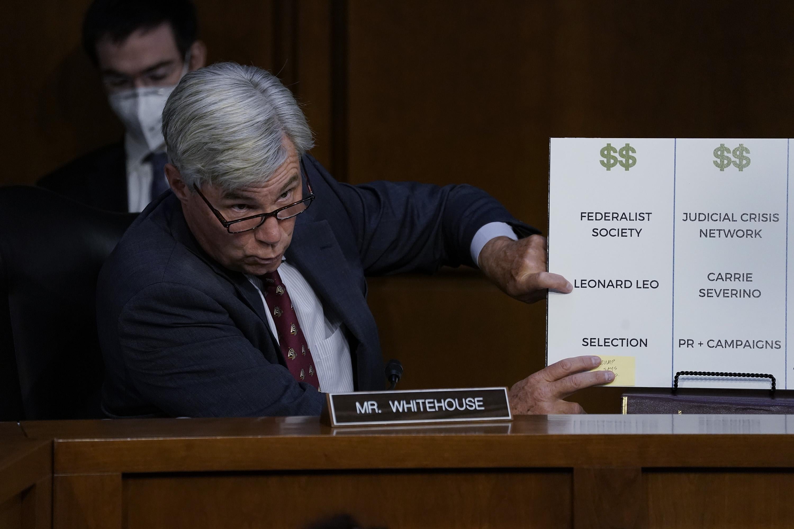 Sen. Sheldon Whitehouse (D-RI), discusses the Federalist Society and Judicial Crisis Network, during Amy Coney Barrett's Senate Judiciary committee confirmation hearing in Oct 2020.