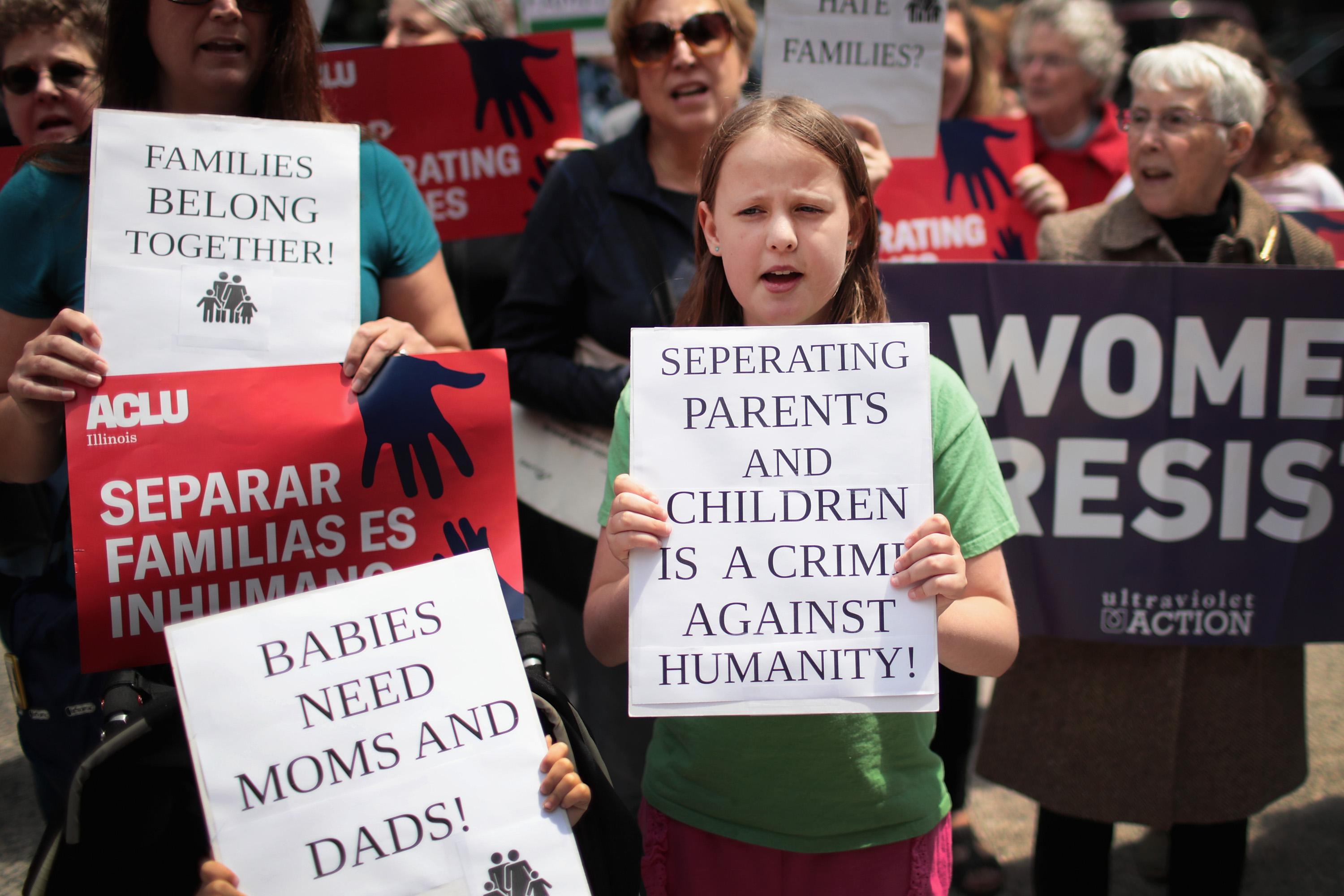 Demonstrators protest Trump administration policy that enables federal agents to separate undocumented migrant children from their parents at the border on June 5, 2018 in Chicago, Illinois. 