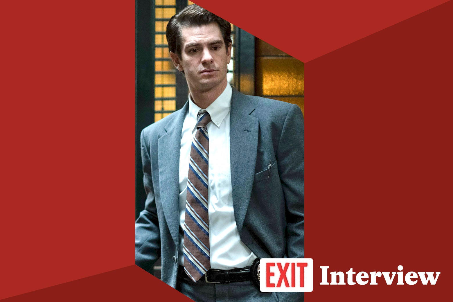 Andrew Garfield in Under the Banner of Heaven, with text that says, "Exit Interview" on the corner of the image.