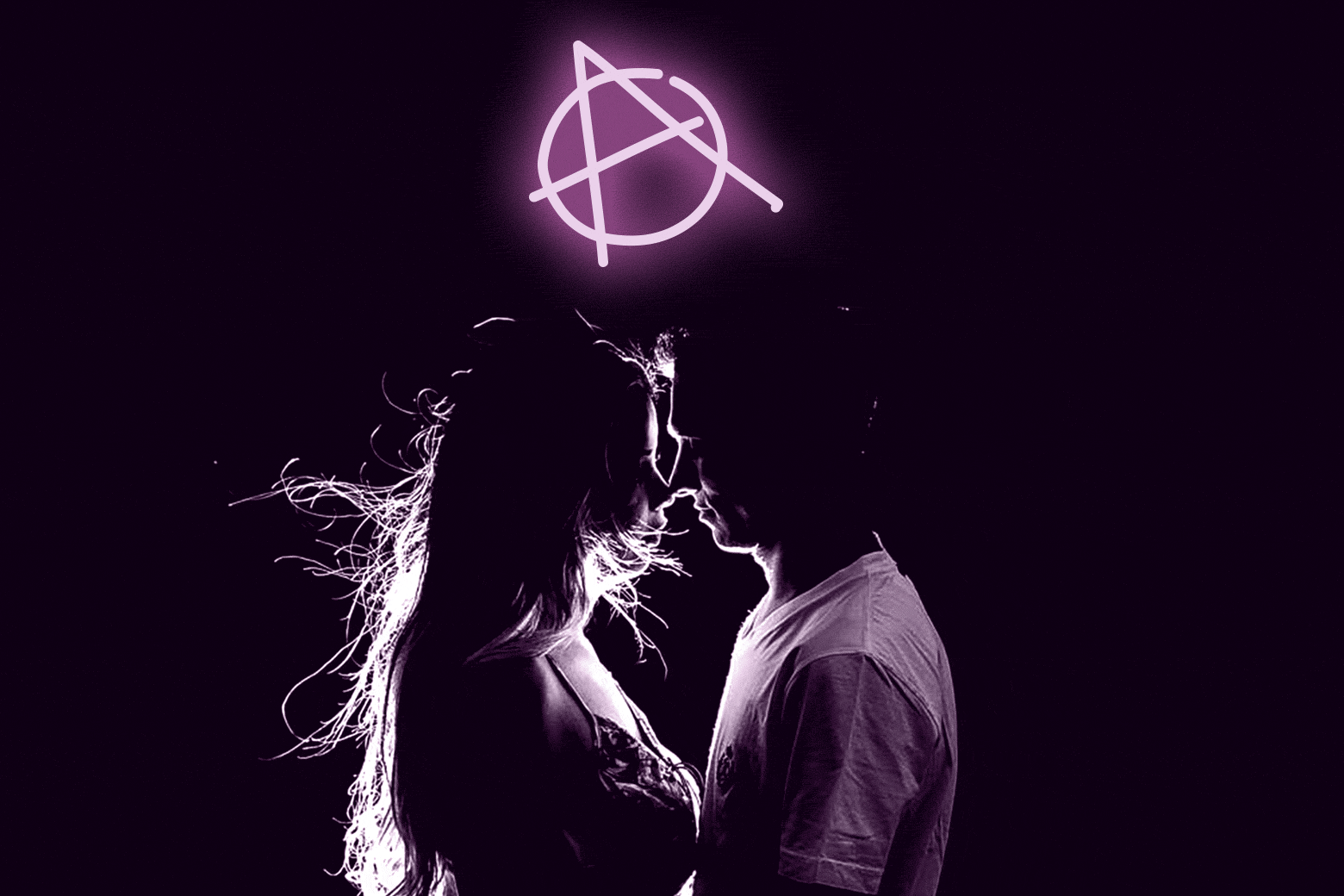 A man and a woman under an anarchy symbol. 