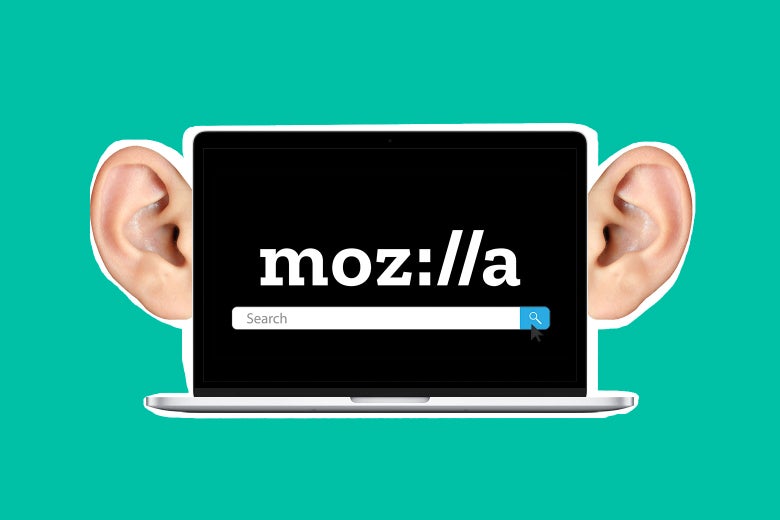 A laptop that says Moz://a and features a search box, with a set of ears on it.