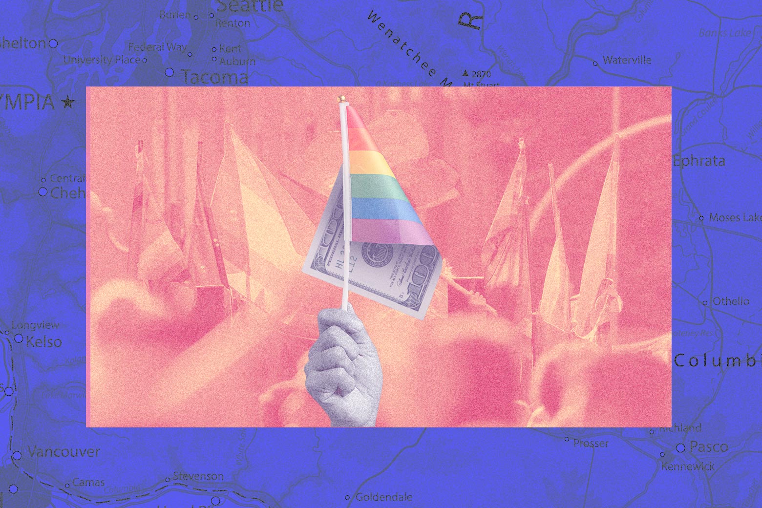 A hand holding a Pride flag, which features a $100 bill on the other side.