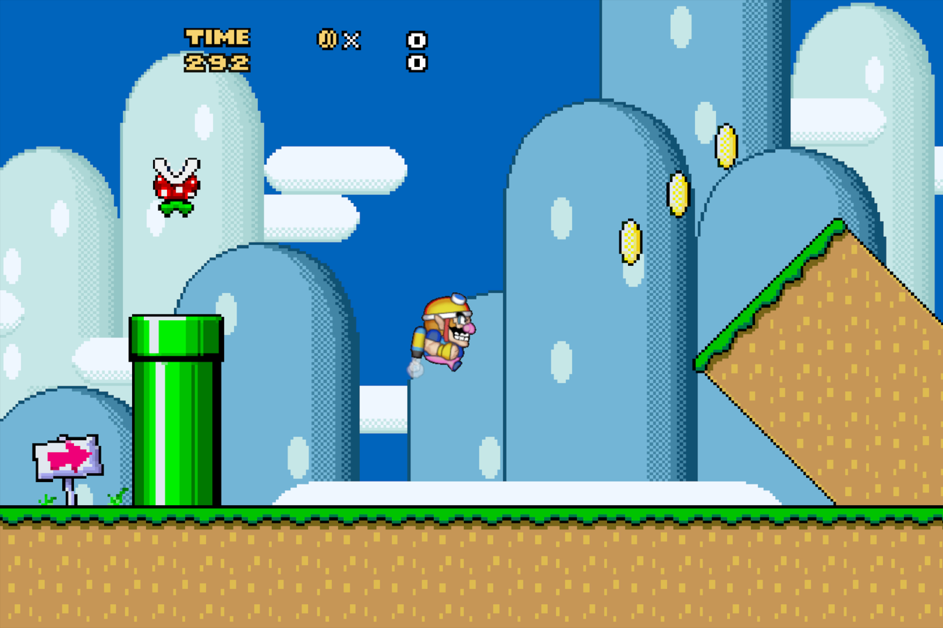 A little blue-and-yellow man flies in the air across a screen with blue skies, hills, and a green pipe behind him. In front of him are three yellow coins and a leaning green-and-brown tower.  