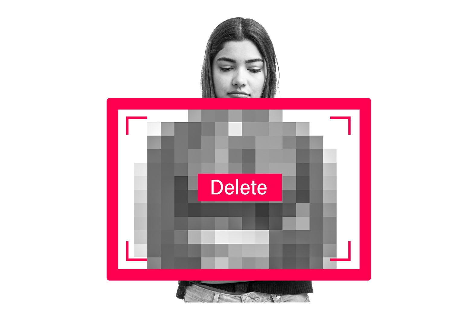 A photo of a person with a cursor that says "delete" over it.