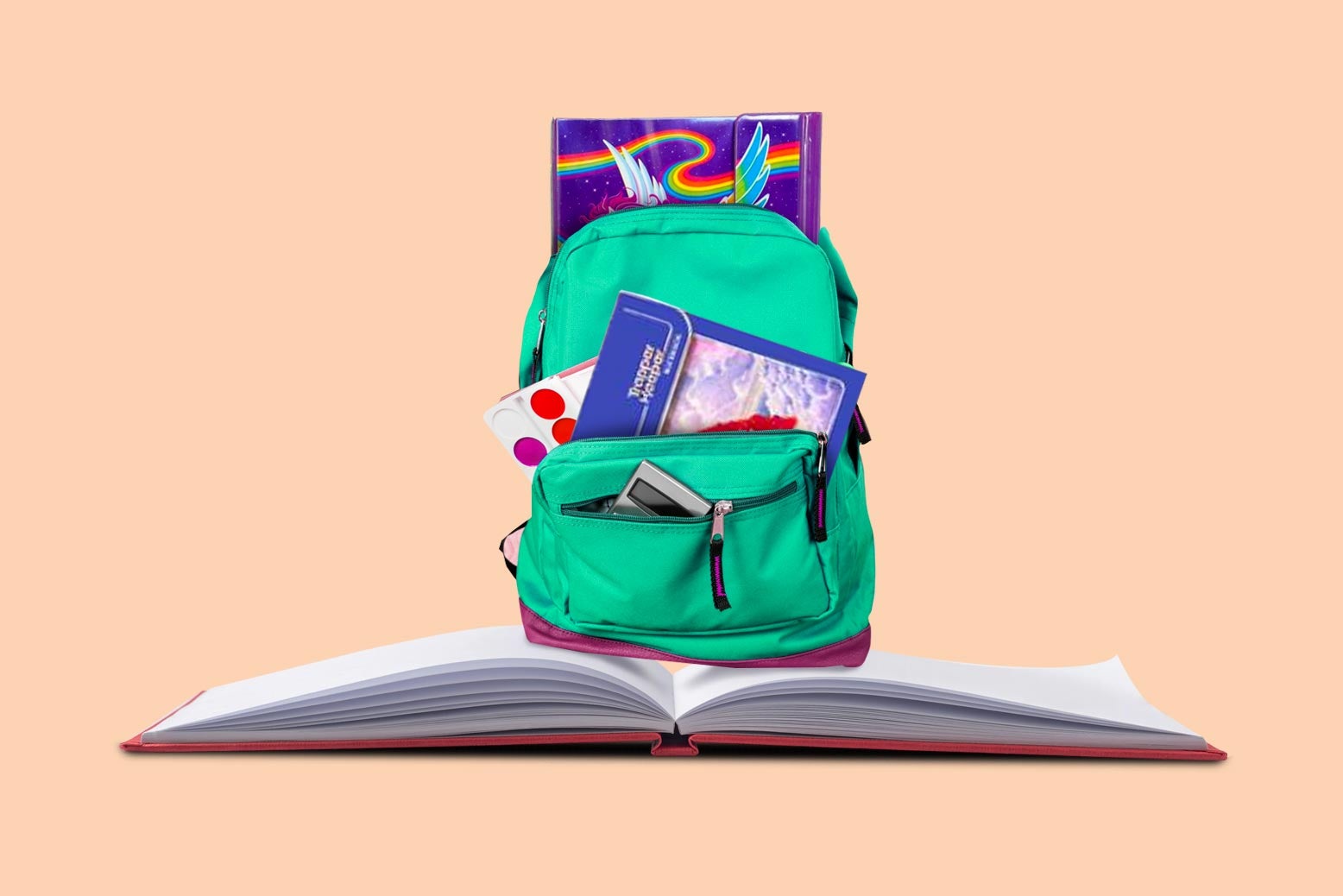 A backpack stuffed with supplies sits on top of an open book.