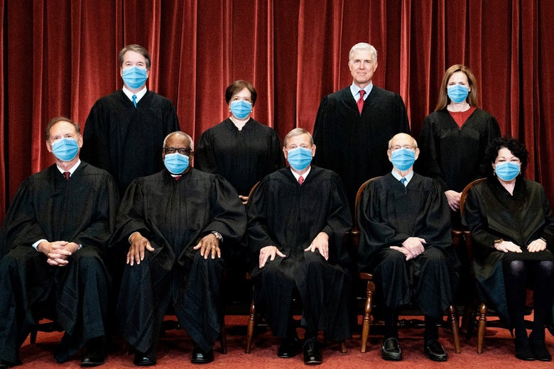 The standard portrait of the justices has been edited so that it looks like everyone is wearing a surgical mask except for Neil Gorsuch.