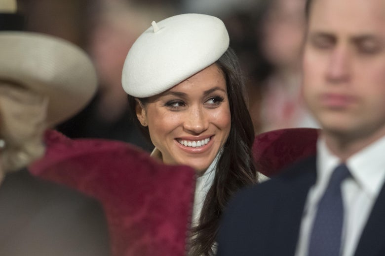 LONDON, UNITED KINGDOM - MARCH 12: Meghan Markle smiles as she shares a joke with Prince Andrew during the Commonwealth Service at Westminster Abbey on March 12, 2018 in London, England. Organised by The Royal Commonwealth Society, the Commonwealth Service is the largest annual inter-faith gathering in the United Kingdom. (Photo by Paul Grover - Pool/Getty Images)