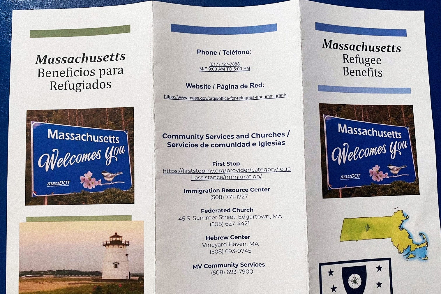 A three-fold pamphlet called Massachusetts Refugee Benefits that appears to be printed on low-quality paper.